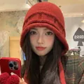 Red winter knitted beanie with openwork crochet pattern and sweet style for women - M (56-58cm) / Retro Simple Style / Red