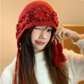 Stylish red hand-crocheted knit hat with floral details and tassels for women - M (56-58cm) / 3D Flower Ear Protection Style / Red