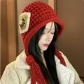 Sweet Japanese style red crochet beanie hat with long tassels for winter warmth - M (56-58cm) / Flower Patch Tassel Style / Red