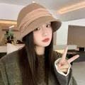 Vintage Hepburn style brown felt bucket hat for women with pleated ribbon and warm design - One Size / Camel