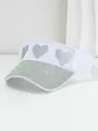 Close-up of white sun visor hat with iridescent rhinestone heart decorations - M (56-58cm) / White Iridescent Rhinestone