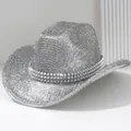 Silber glitzernder Western-Cowboyhut mit Nieten für Y2K-Hip-Hop-Partys und Events - M (56-58cm) / Silber