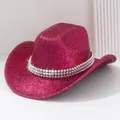 Leuchtend magenta-pinker Glitzer-Cowboyhut mit auffälligen silbernen Metallnieten für Y2K-Partys - M (56-58cm) / Fuchsia