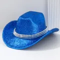 Funkelnder blauer Cowboyhut mit dreireihigen silbernen Nieten für Y2K-Mottopartys - M (56-58cm) / Saphirblau