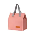 Portable coral pink insulated lunch bag with grey canvas handles and large capacity. - Pink
