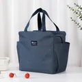 Durable blue Oxford cloth insulated lunch bag with sturdy handles for office and school - Side Pocket Style / Navy Blue