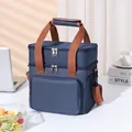 Zweistöckige isolierte Kühltasche in Marineblau mit braunen Trageriemen für Picknicks - TG04 Ohne Etikett Erhöht / Marineblau
