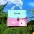 Cute house-shaped insulated lunch bag in pink and green with pearl handle details - Green and Pink Matcha