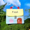 Cute house-shaped insulated lunch bag in blue and yellow with 'Food' text print. - Blue and Yellow Salt