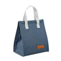 Blau isolierte rechteckige Lunchtasche mit weißen Griffen und orangenem Lederetikett. - Marineblau