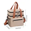 Beige insulated lunch bag with orange straps and dual compartments dimensions shown - TG14 Double Layer Cooler Bag / Khaki