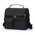 Bolsa de almuerzo aislada gris oscuro de gran capacidad con doble capa y bandolera - Negro