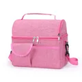 Bolsa de almuerzo térmica rosa de gran capacidad con correa y doble compartimento. - Rosa rojo