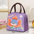 Purple insulated lunch bag featuring a cute cartoon cat design, size 22x19x13cm for office use - Cute Blue Cat Pattern / Purple