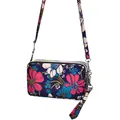 Vibrant floral crossbody phone bag with three zippered compartments and adjustable strap. - Large Purple Flower / Violet (Shoulder Strap Style)