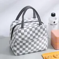 Stylish grey and white checkered insulated lunch bag with top handle for office meals - Bubble Grid Style / Gray