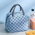 Large capacity blue checkered insulated lunch bag with portable handles for daily meal storage. - Bubble Grid Style / Blue