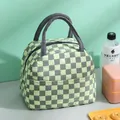 Large insulated lunch bag with green checkerboard pattern and textured fabric for work - Bubble Grid Style / Green