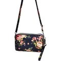 Small floral print crossbody phone bag with three zippered compartments in navy blue - Burgundy Print (Shoulder Strap Style)