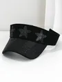 Primer plano de una visera negra Y2K con estrellas de pedrería brillantes y ala - M (56-58cm) / Negro Con Diamantes Negros