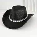 Vista detallada del sombrero de vaquero negro brillante con elegante banda de perlas - M (56-58cm) / Negro