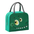 Insulated green lunch bag featuring a cartoon crocodile print and sturdy gray handles - Green Dinosaur