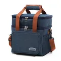 Isolierte zweilagige blaue Lunchtasche mit braunen Trägern und verstellbarem Schultergurt - Doppelschicht Erhöhter Stil / Marineblau