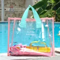 Transparent PVC waterproof beach bag with pink trim and blue handles for swimming - Beach Bag (STB) / Pink Edge Blue Handle