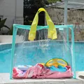 Transparent PVC beach bag with teal trim and yellow handles for summer travel. - Beach Bag (STB) / Green Edge Yellow Handle