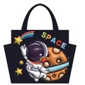 Cute black lunch bag featuring 3D embossed astronaut and planet space theme design - Astronaut / Double Side Pockets / Navy Blue