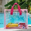 Transparent PVC waterproof beach tote bag with pink straps and Aloha holiday print - Beach Bag (STB) / Pink + Rose Red Handle