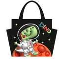 Cute cartoon astronaut dinosaur insulated lunch bag in black with 3D graphic design - Space Dinosaur / Double Side Pockets / Black
