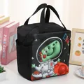 Black insulated lunch bag with 3D cartoon dinosaur astronaut print and pockets - Space Dinosaur (Double Side Pockets) / Black