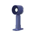 Detailed side view of dark blue portable mini handheld USB fan on its stand. - Y03 Klein Blue