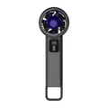 Detail view of portable handheld USB fan with digital display and carabiner handle. - 5 Speed Digital Display / Rock Gray