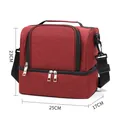 Large red insulated lunch bag with double layer storage and adjustable shoulder strap - Burgundy