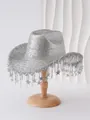 Sparkling silver cowboy hat with dangling iridescent star tassels on a wooden stand - M (56-58cm) / Silver Flat Top