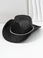 Detailed view of a black Western cowboy hat featuring shiny texture and silver cone rivets - M (56-58cm) / Black