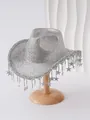 Detail view of sparkling silver western cowboy hat with dangling star tassels. - M (56-58cm) / Silver Heart Top