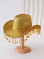 Detailed view of a golden glitter cowboy hat with star tassels on a professional stand. - M (56-58cm) / Gold Flat Top