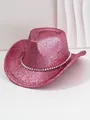 Close-up of pink glittery cowboy hat with silver metallic studs on a white background - M (56-58cm) / Pink