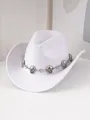 Chapeau de cowboy élégant en feutre blanc avec chaîne de chapeau à têtes de mort - M (56-58cm) / Blanc