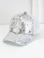 Close-up of silver sequined baseball cap with pearl encrusted number 21 and white mesh - M (56-58cm) / Silver
