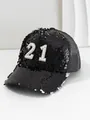 Macro detail of a black sequin baseball cap with pearl and rhinestone number 21 - M (56-58cm) / Black