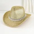 Detalle de sombrero vaquero dorado con purpurina y banda decorativa de perlas y strass - M (56-58cm) / Oro claro