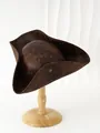 Close-up detail of distressed brown leather tricorne pirate hat on a wooden stand - M (56-58cm) / Brown