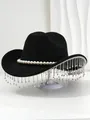 Detailed view of a black cowboy hat with pearl band and sparkling rhinestone fringe - M (56-58cm) / Black