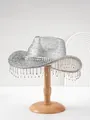 Silberner Glitzer-Cowboyhut mit hängenden Strassfransen und Nietenband für Partys - M (56-58cm) / Silber