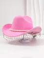 Detail of pink cowboy hat with decorative pearls and shimmering rhinestone tassels. - M (56-58cm) / Pink