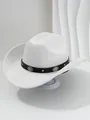 Detailed close-up of a white western cowboy hat featuring a studded black PU leather band. - M (56-58cm) / White